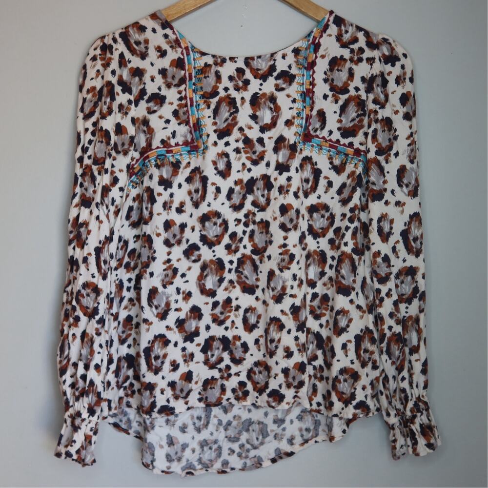 Impressions Leopard Print Blouse Embroidered Yoke Boho Long Sleeve Sz S